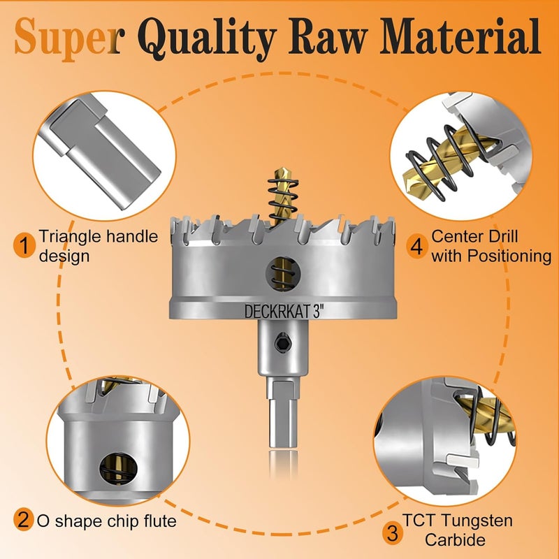 DECKRKAT 3" TCT Hole Saw for Hard Metal, Heavy Duty 75mm Tungsten Carbide Tipped Hole Cutter with Spring-Loaded Pilot Drill Bit for Stainless Steel, Metal, Iron, and Plastic - Image 4
